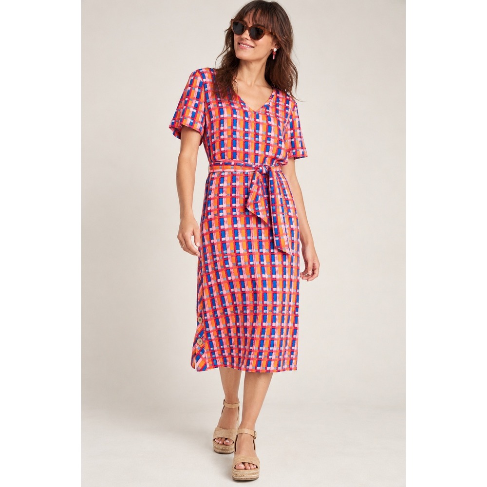 Aryessa Anthropologie Multicolor V-Neck Abstract Midi Dress S Mod Belted Retro